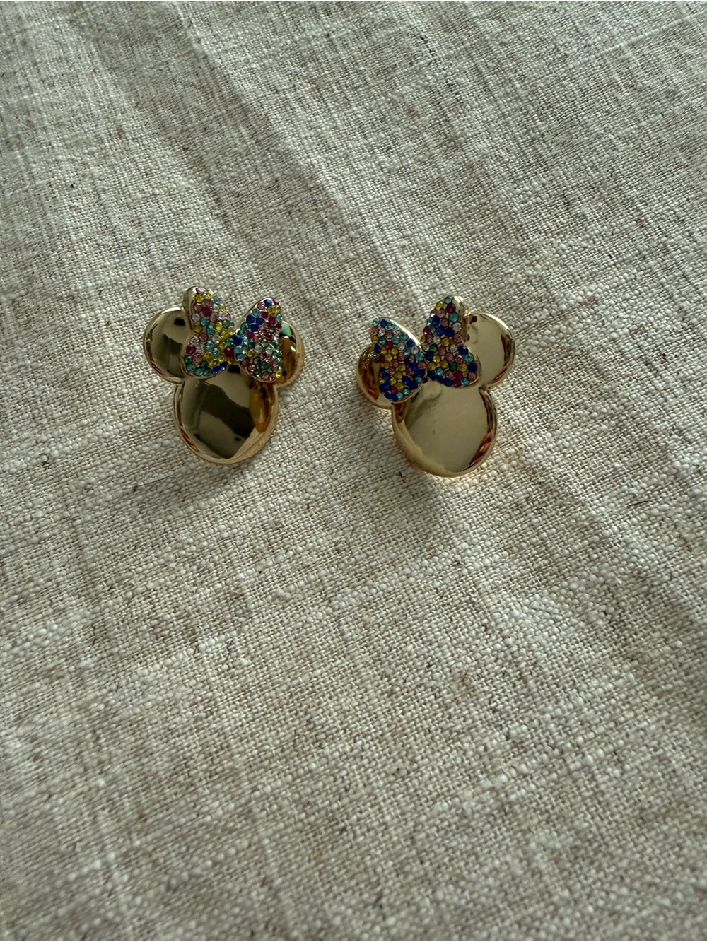 BaubleBar Gold Minnie Mouse Earrings with Rainbow Bow